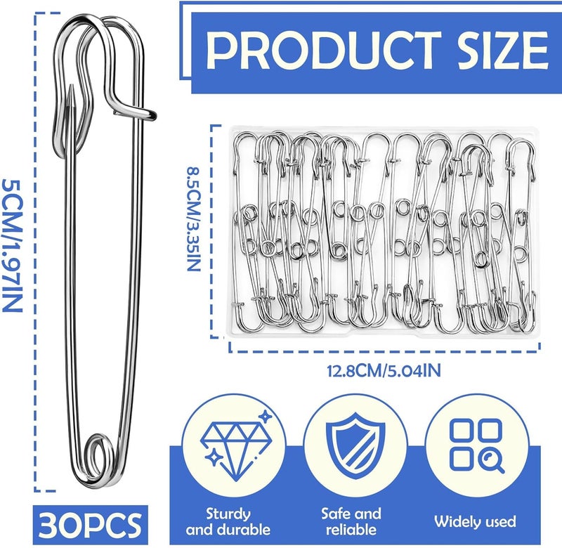 Ftyiwu Large Safety Pins, 30 Pack Heavy Duty Safety Pins 2 Inch, Stainless Steel Safety Pin for Clothes, Blankets, Laundry, Leather Canvas, DIY Crafts (Silver) - Image 2